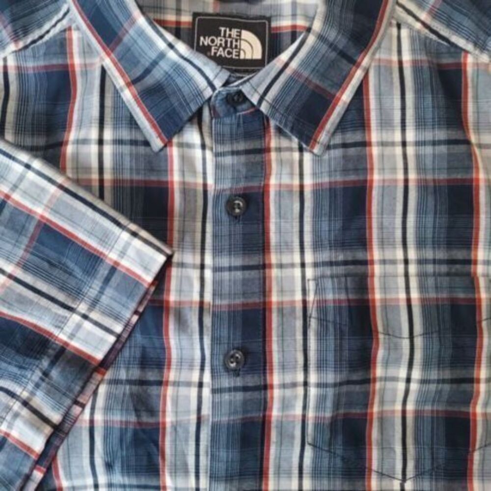 THE NORTH FACE Button Front Short Sleeve Shirt‎ Blue Plaid Pocket Mens Large
